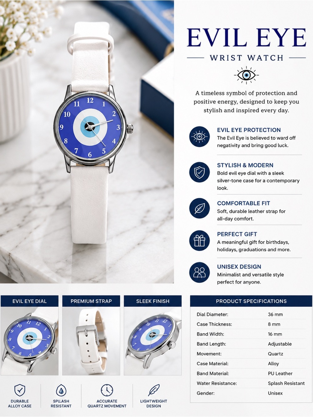 Wrist Watch - White Strap, Blue Dial